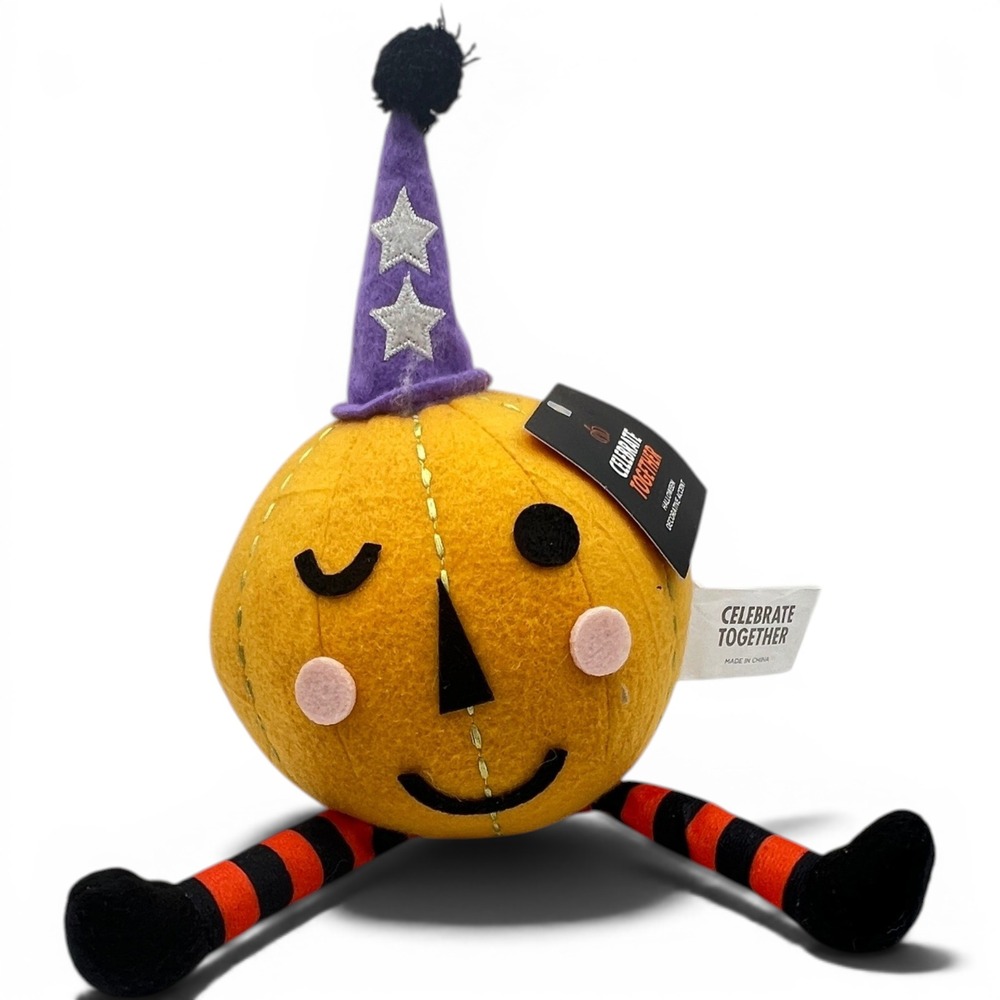 Celebrate Together Halloween Winking Pumpkin Plush Wizard Hat Striped Legs NEW